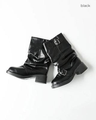 Buckle Point Leather Mid-Calf Boots