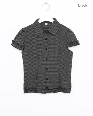 Puff frill sleeve checkered seersucker shirt