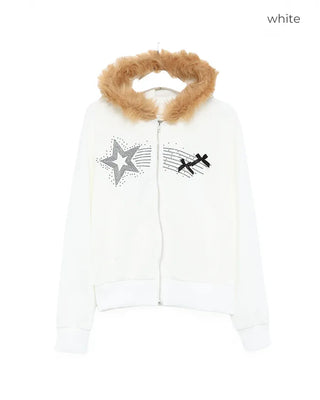 Ribbon Shooting Star Double Zip Fur Hoodie