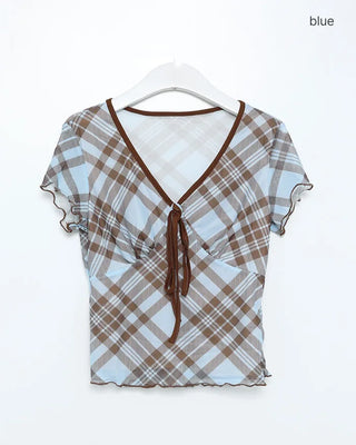 Checkered pattern cutout detail blouse