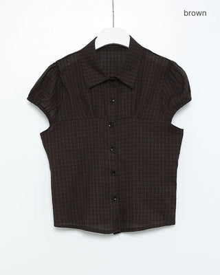 Checked Shirred Puff Sleeve Blouse