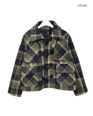 Checked short duffel coat