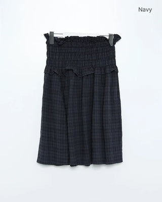 Waist-gathered check midi skirt