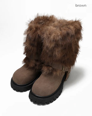 Harness-attached pattern fur suede short boots