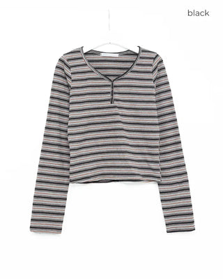 Henley neck double striped semi-cropped cut and sew