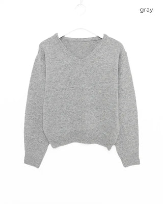 Ribbed V-neck semi-cropped high-gauge knit
