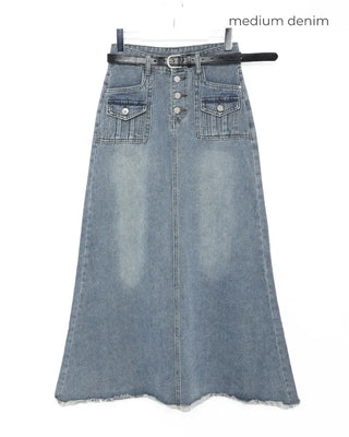 Button pocket washed denim long skirt