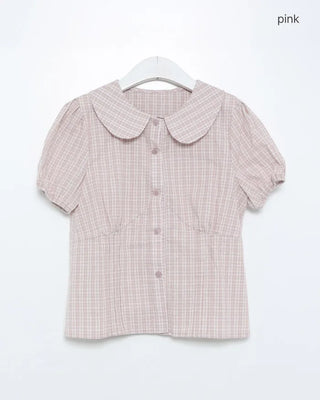 Round collar check short-sleeved blouse