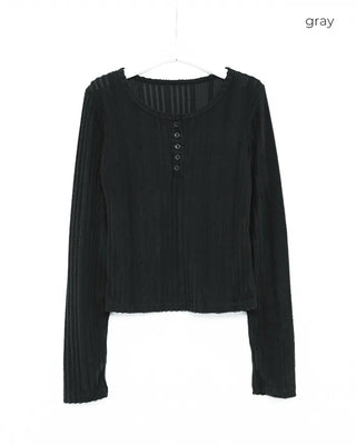Ribbed round neck long sleeve T-shirt