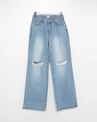 Distressed wide-fit denim pants