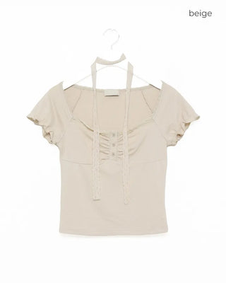 Shirred lace tie T-shirt