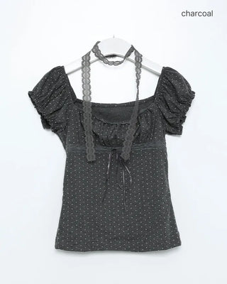 Dot Square Neck Shirred Strap Point T-Shirt
