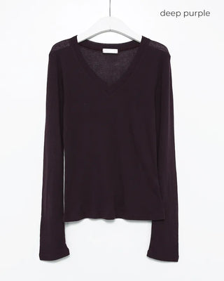 V-neck wool Tencel ribbed sheer long T-shirt