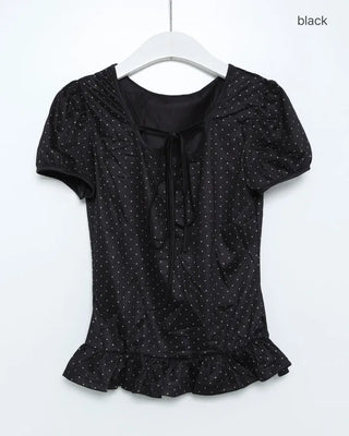 Polka Dot Ribbon Strap Puff Sleeve Short Sleeve T-Shirt
