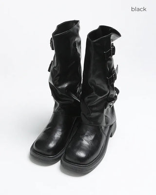 Square-toe triple-strap mid-calf boots