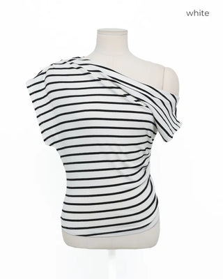Asymmetrical Off-Shoulder Striped T-Shirt