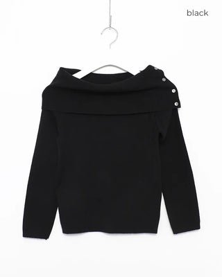 Button-wrap off-shoulder ribbed knit