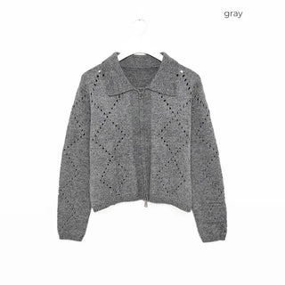 Perforated Collar Knit Zip-Up