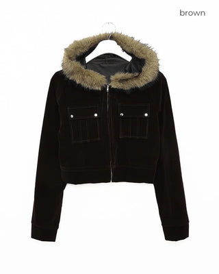 Velvet fur hooded cardigan