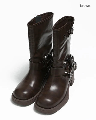 Double-belt round harness mid-calf boots