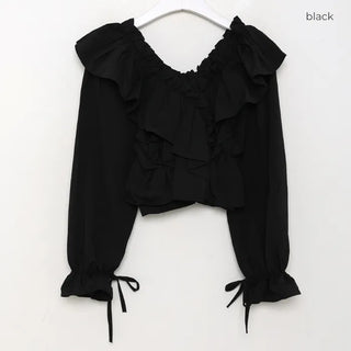 V-neck frill ribbon blouse