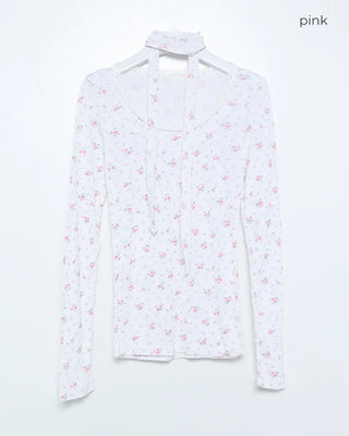 Tie-set lace jewel neck mini flower ribbed long T-shirt