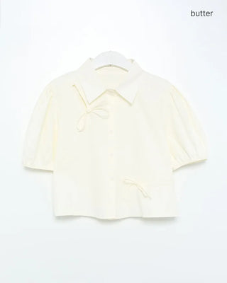 Drawstring Ribbon Asymmetrical Short-Sleeve Shirt
