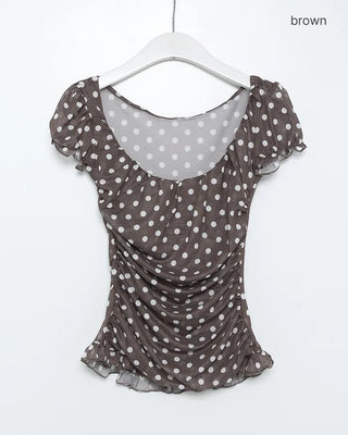 Polka Dot Gathered Slim Short-Sleeve Blouse