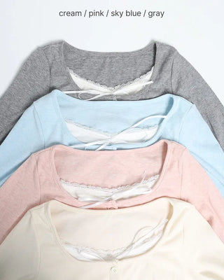 Ribbon Button Long Sleeve T-Shirt