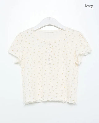 Flower Henley Neck Scallop Short Sleeve Shirt & Pants Set