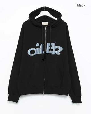 (Unisex) Tartan Check Patch Double Zip Hoodie