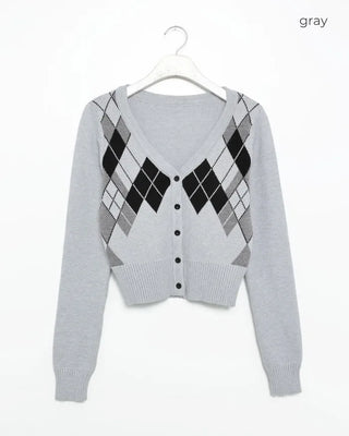 V-neck argyle crop cardigan