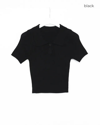 Polo neck semi-cropped ribbed knit T-shirt