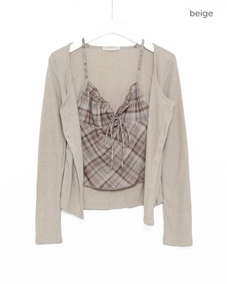 Check sleeveless cardigan set