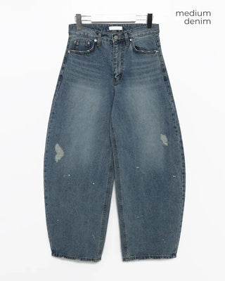 Studded distressed hem balloon denim pants