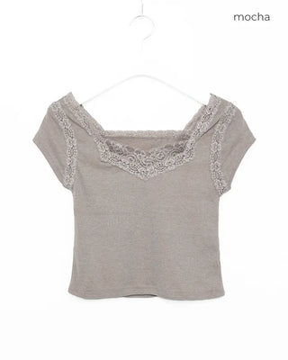 Lace layered neck French T-shirt