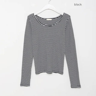 Striped U-neck long-sleeve T-shirt