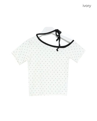 One-shoulder polka dot neck string short-sleeve T-shirt