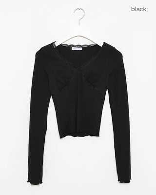 Lace V-neck ribbed slim T-shirt