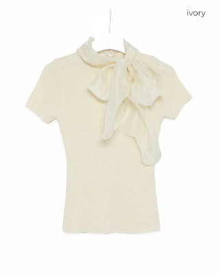 Satin ribbon short-sleeved blouse
