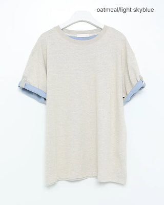 (Unisex) Roll-up Point Bi-color Short-Sleeve T-Shirt