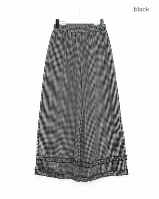 Checked frill wide elastic waist pants
