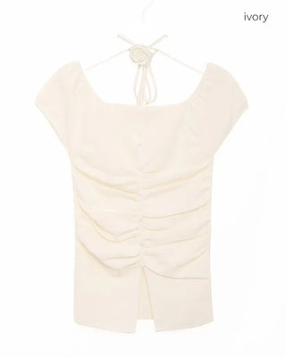 Flower Strap Heart Neck Shirring Short Sleeve T-Shirt
