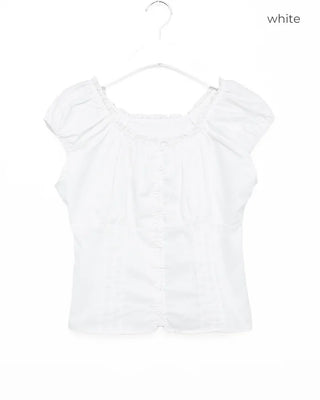 2-Way Gathered Elastic Lace Neck Button Blouse