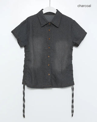 Denim Shirred Short-Sleeve Shirt