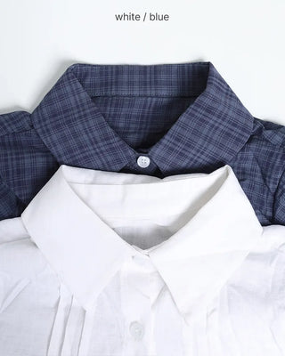 Checked pintuck short-sleeved blouse
