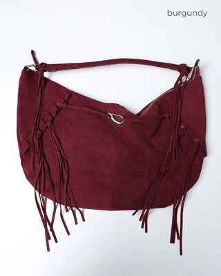 Frilled fringe suede hobo bag