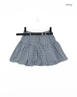 Belted check balloon mini skirt