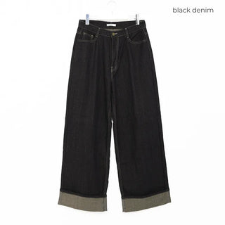 Low-rise denim roll-up wide-leg pants