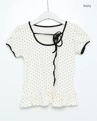 Dot neck string short-sleeved T-shirt
